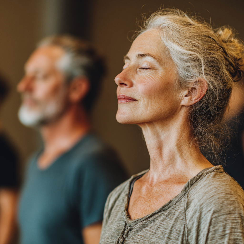 Middle-aged adults practicing mindful movement exercises